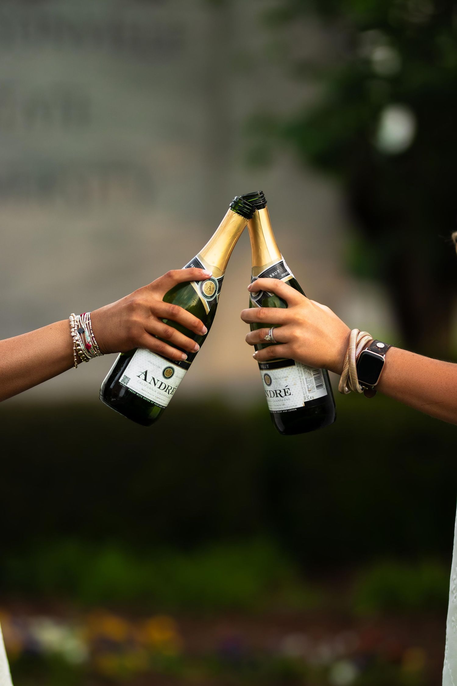 Two hands clinking Andre champagne bottles together in a celebratory toast outdoors.