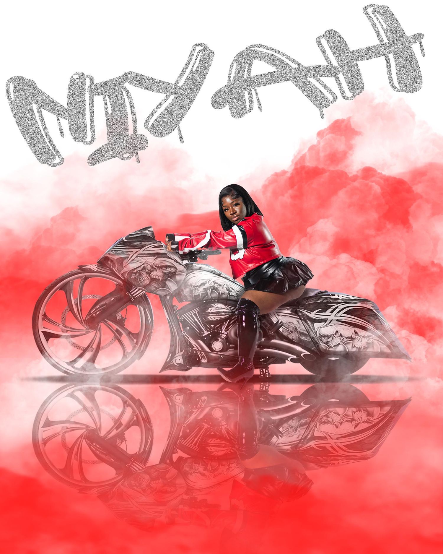Woman in red outfit posing on custom motorcycle with red smoke and graffiti text reading NIYAH.