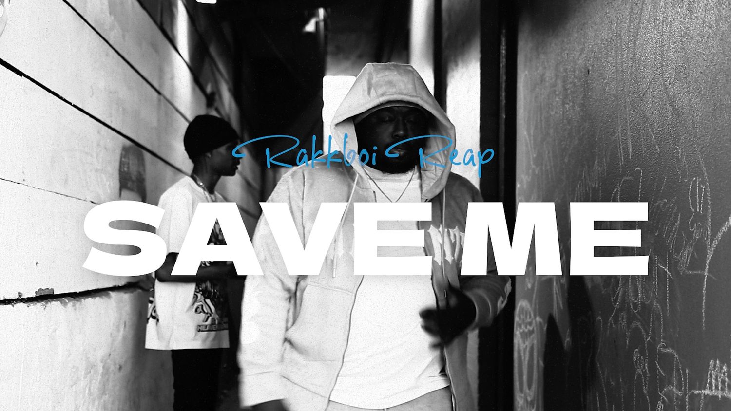 Two men in white outfits posing in an alley with Save Me text overlay.