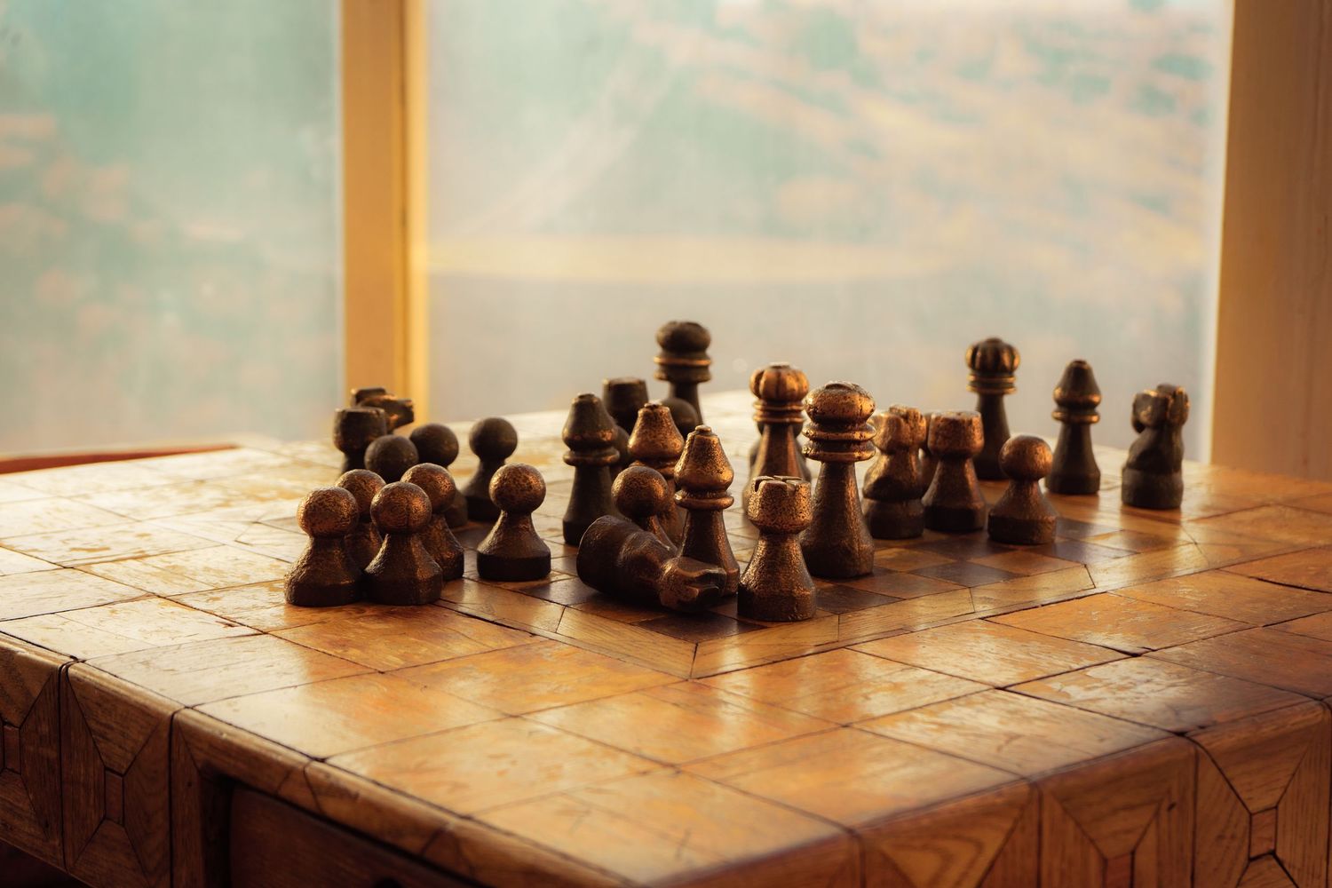 Details of the hotel lobby, a chessboard is the focus.