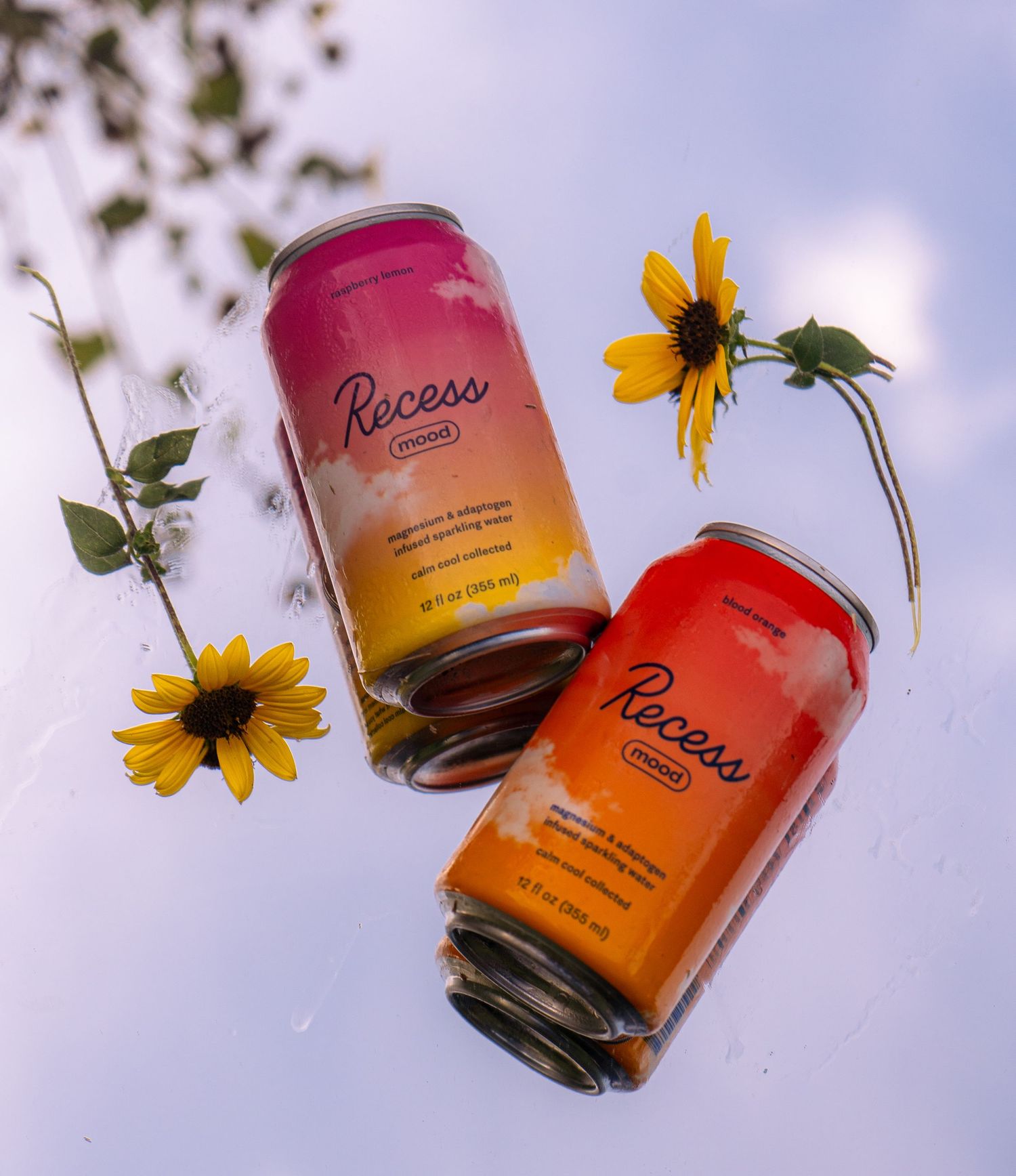 Recess jars are arranged with yellow flowers against a purple sky background.