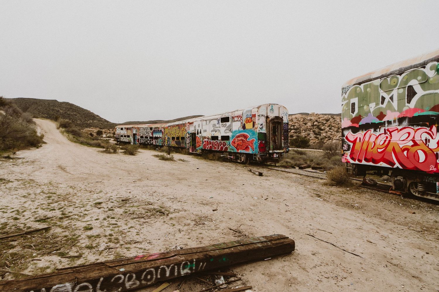 Abandoned train cars covered in colorful graffiti sit along a dirt path in a desert landscape.