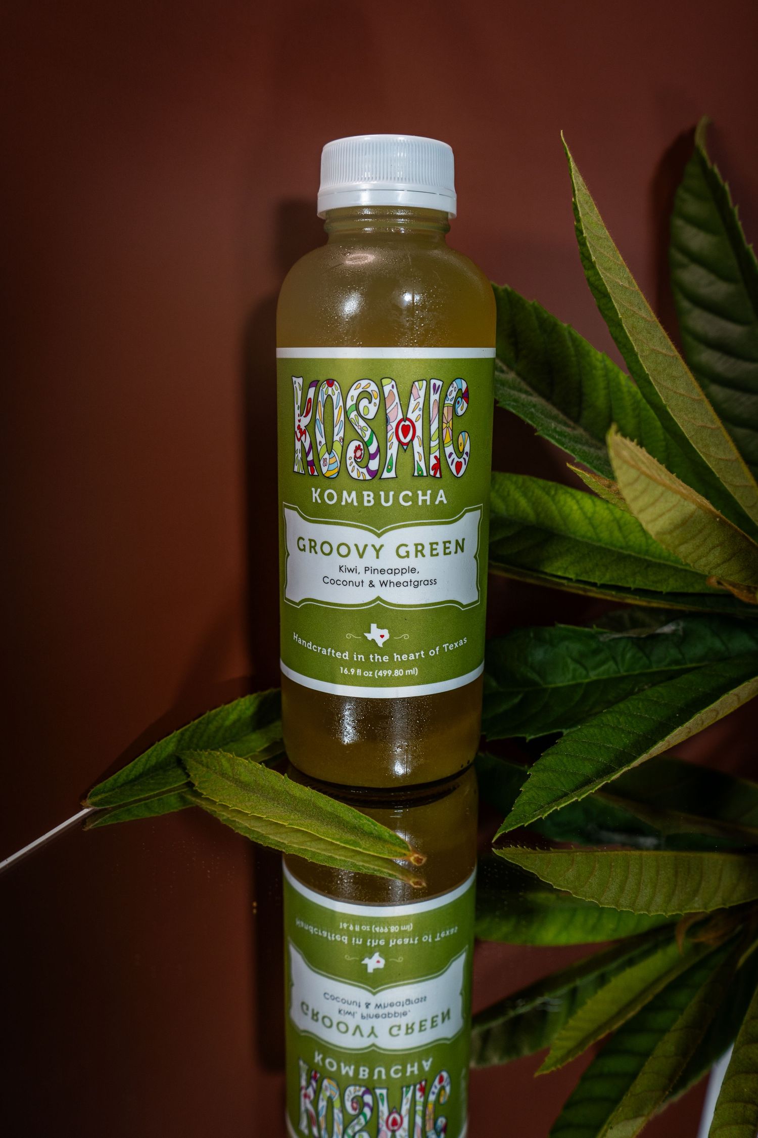 A bottle of Kosmic Kombucha Groovy Green flavor with green leaves in the background.