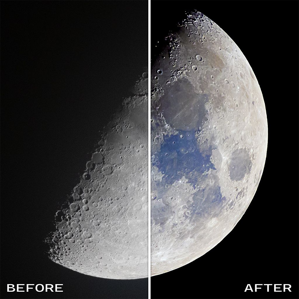 Before and after demonstration of photo stacking and color grading in photoshop and lightroom. Portrait of the moon.