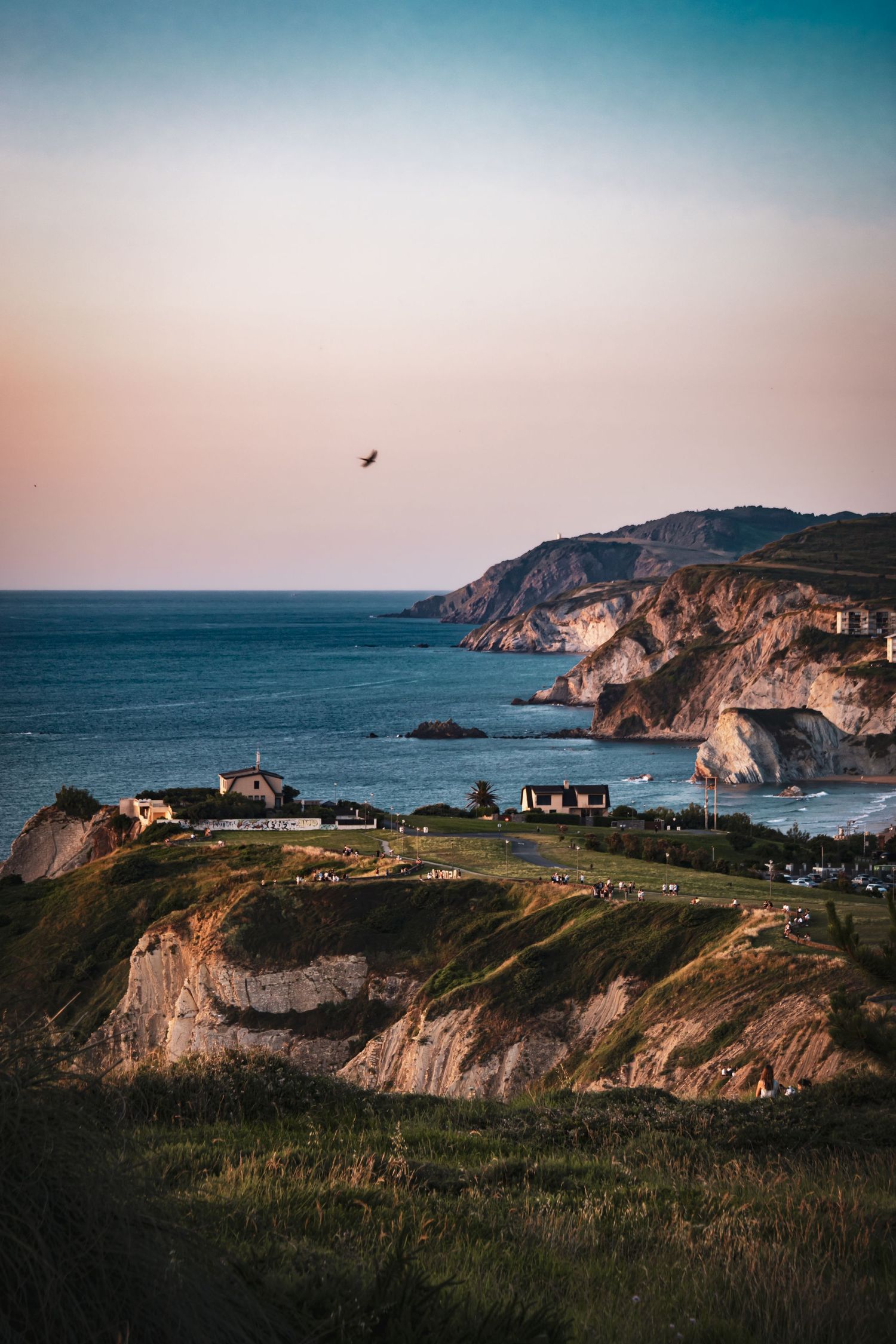 A coastal cliffside landscape at sunset.