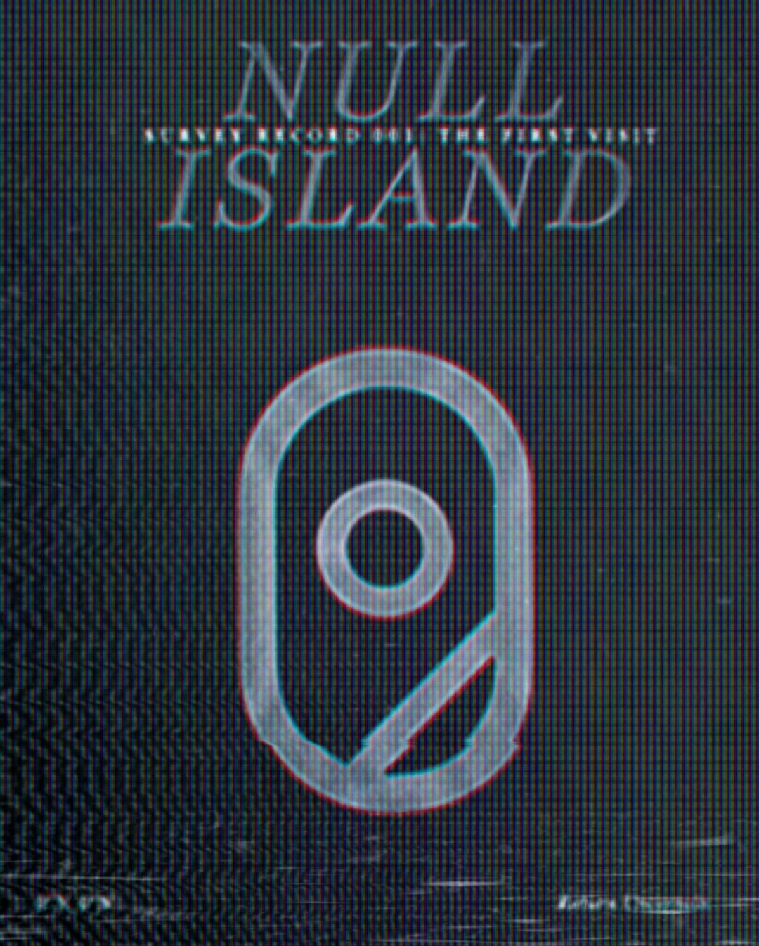 Stylized text graphic reading 'Null Island' with geometric logo on glitch effect background.
