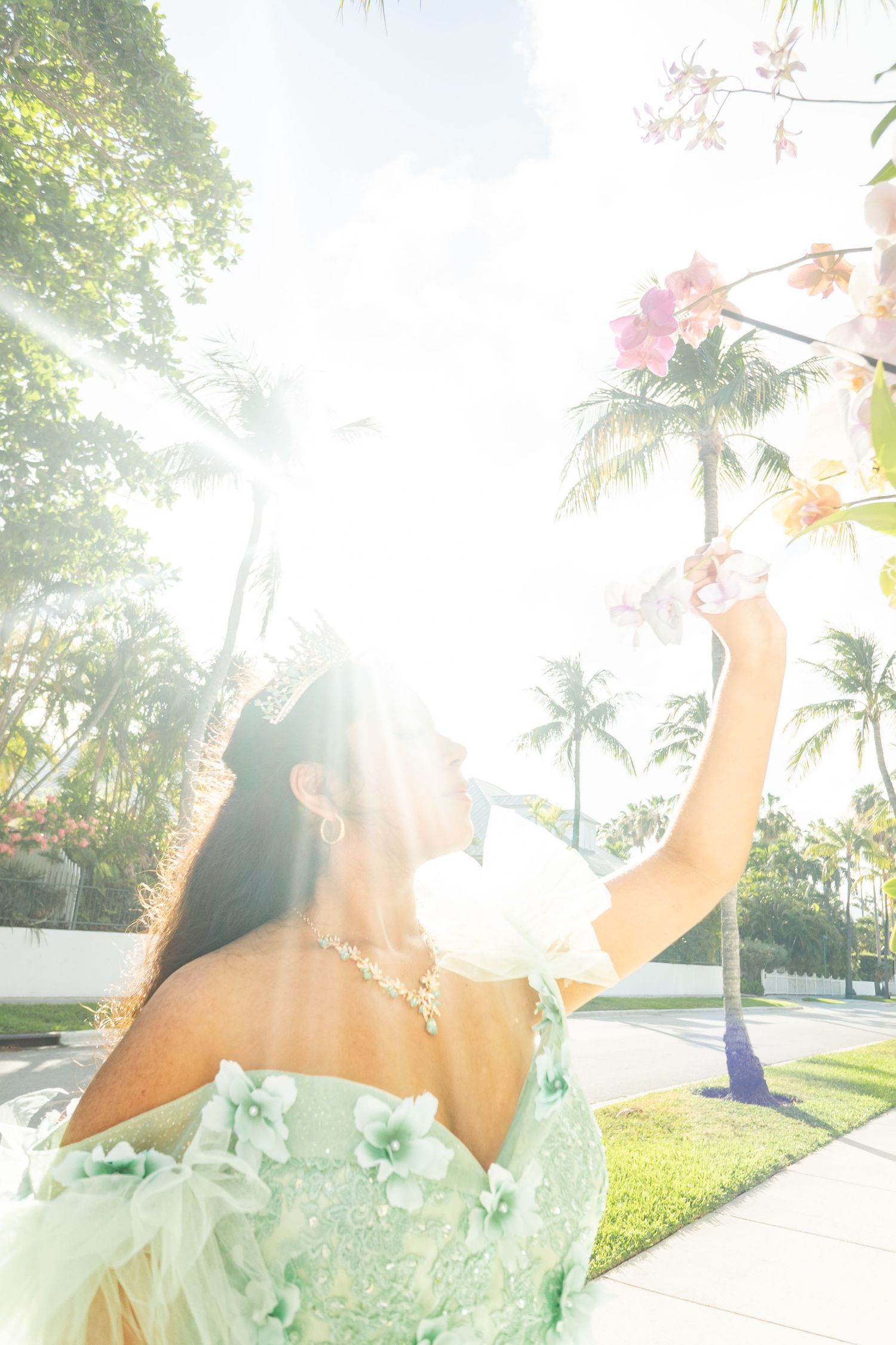 Young woman in mint green floral gown reaching for pink flowers, backlit by sunlight with palm trees in background.