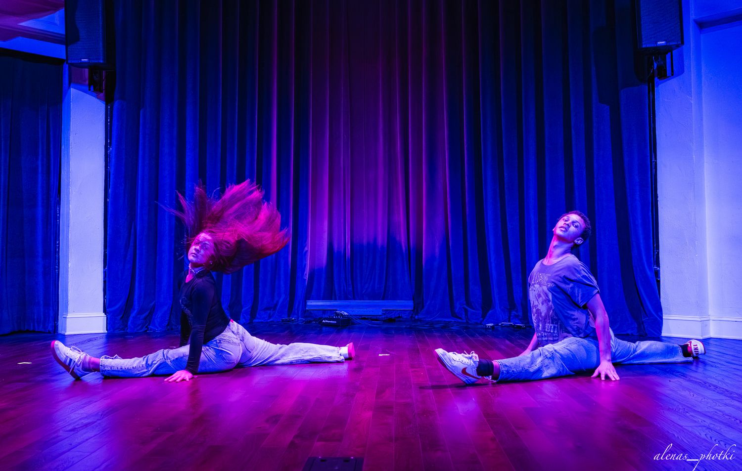 Dance sequence captured in multiple frames showing fluid movements under blue and purple stage lights.