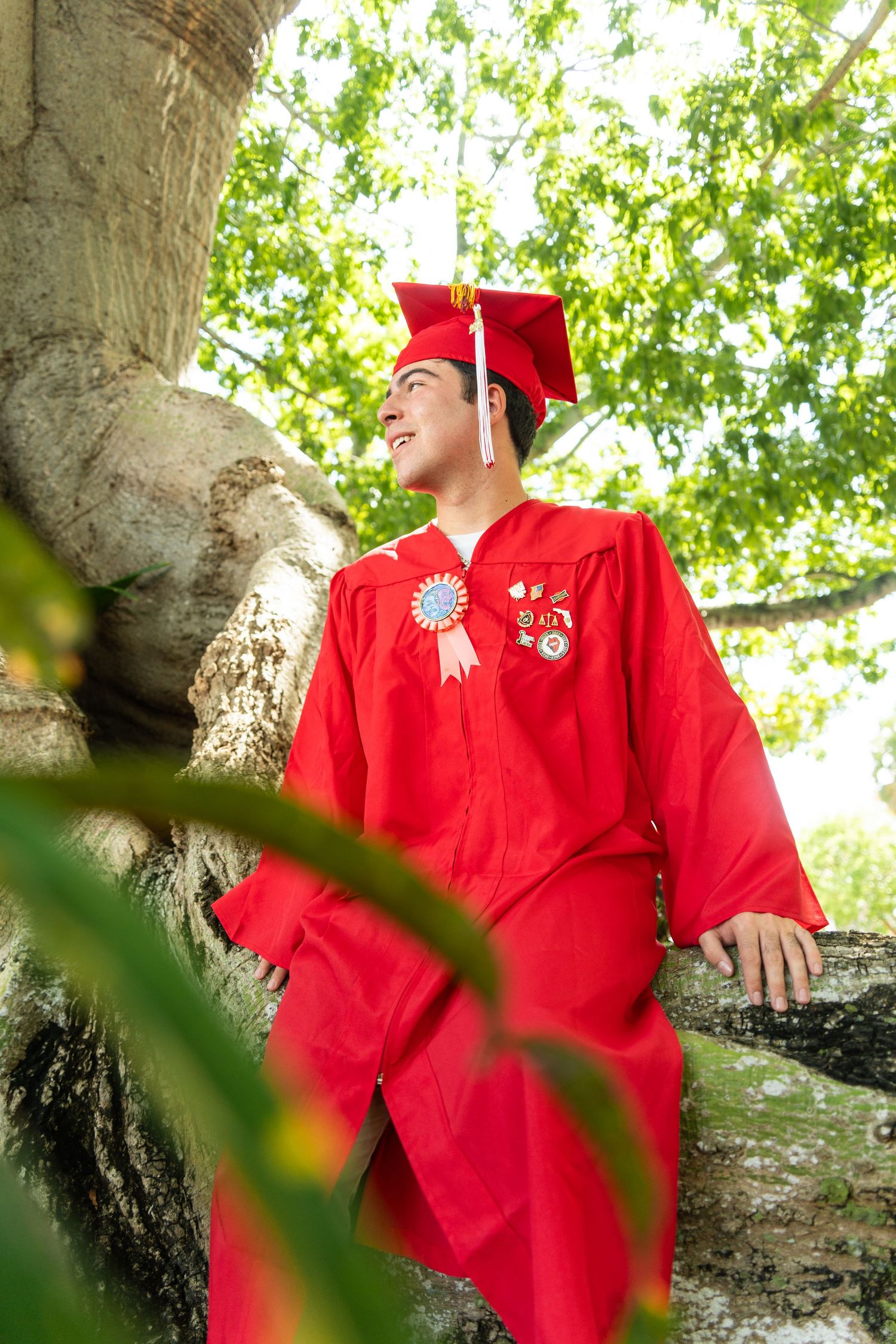 Young man in red graduation cap and gown smiling outdoors near large tree roots, wearing honor ribbons.