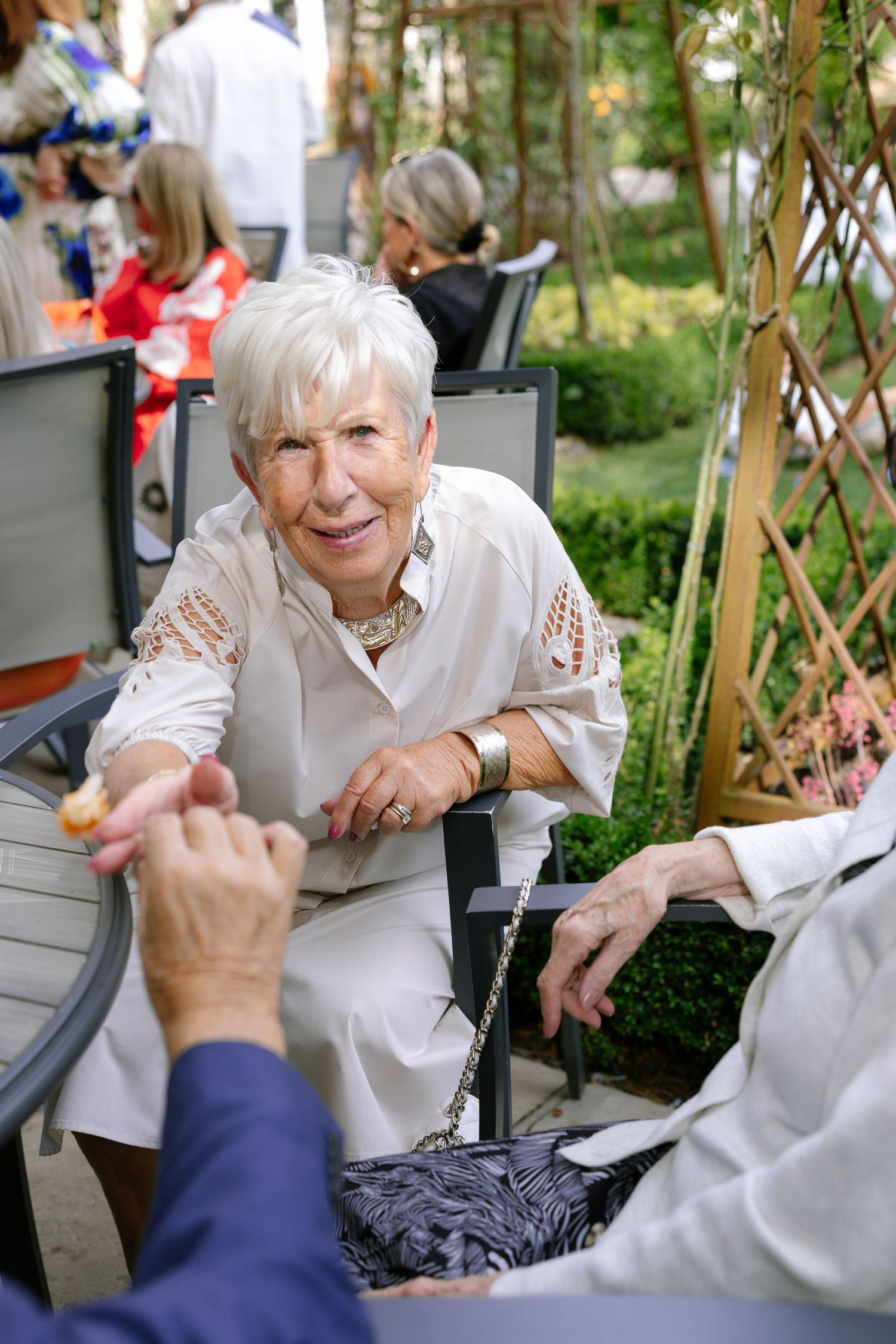 Outdoor garden party scene with guests seated in chairs enjoying conversation.