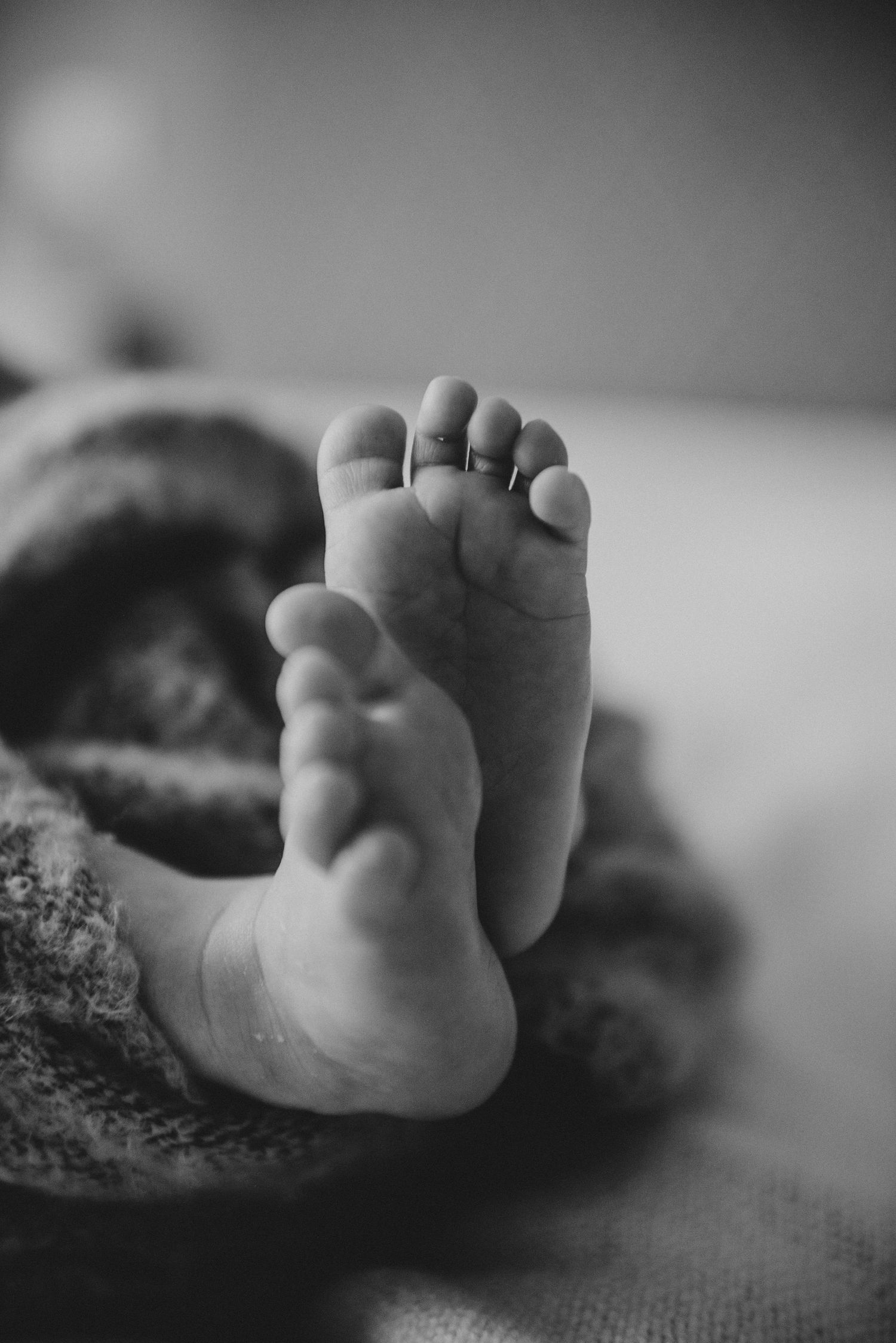 Black and white image of tiny newborn baby feet against textured fabric.