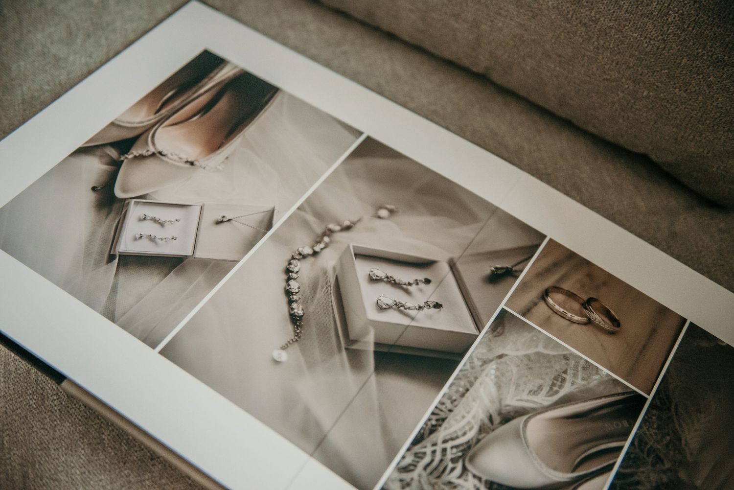 Wedding album displaying artistic photography layouts.