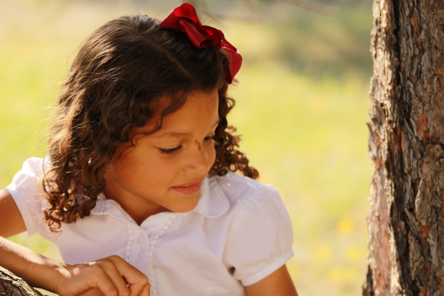 Serene outdoor portrait with natural sunlight and curly hair adorned with a red bow.