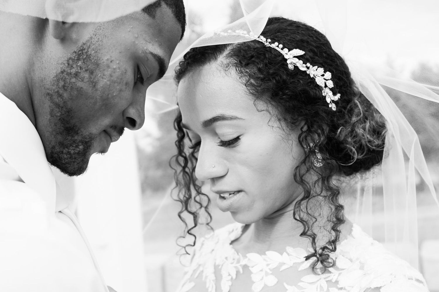 Close up black and white romantic wedding portrait with delicate details.