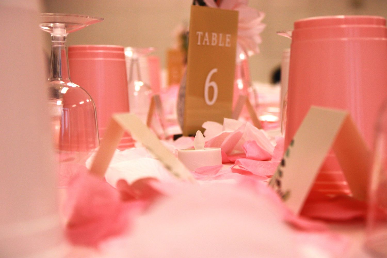 Soft pink table decor with elegant glassware and scattered petals at a celebration.