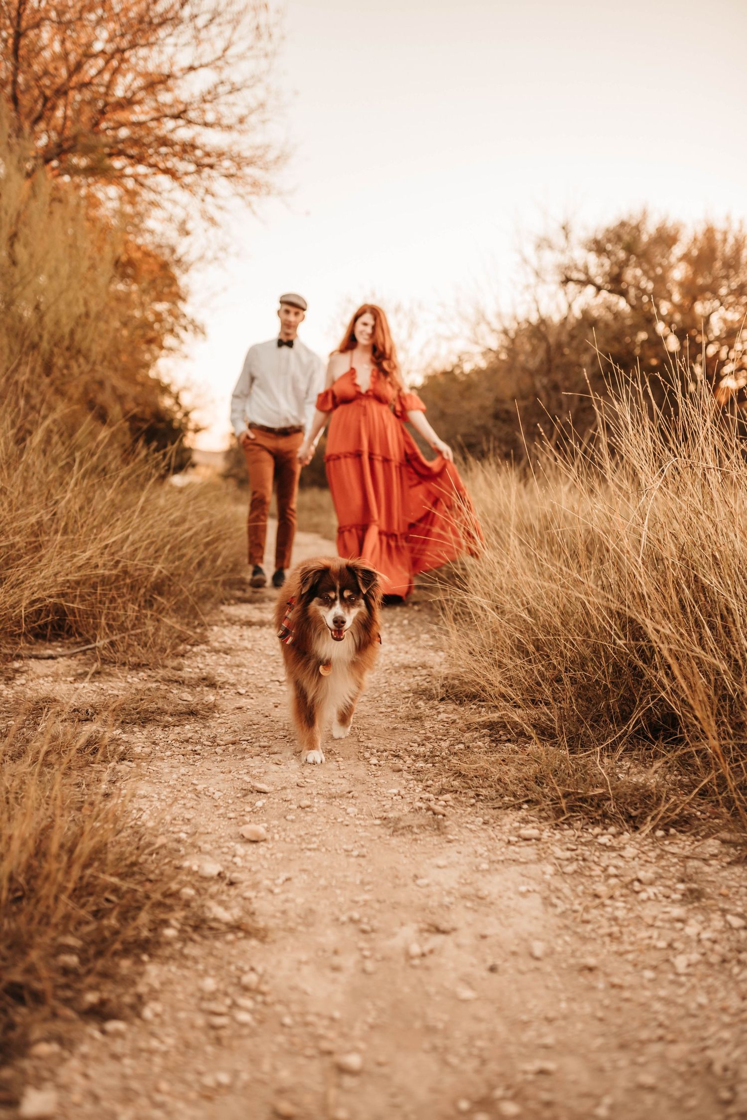 A couple walks their dog along a nature trail during sunset.