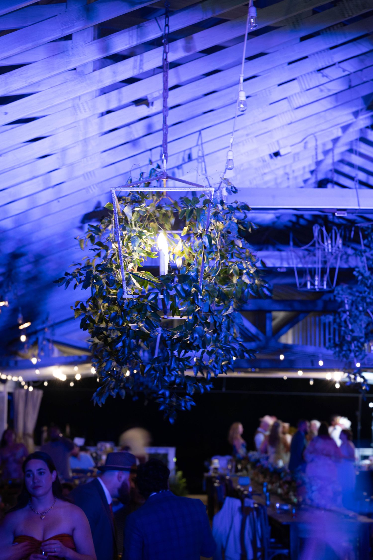 Geometric hanging floral chandelier with candle illuminated by blue uplighting at wedding reception.