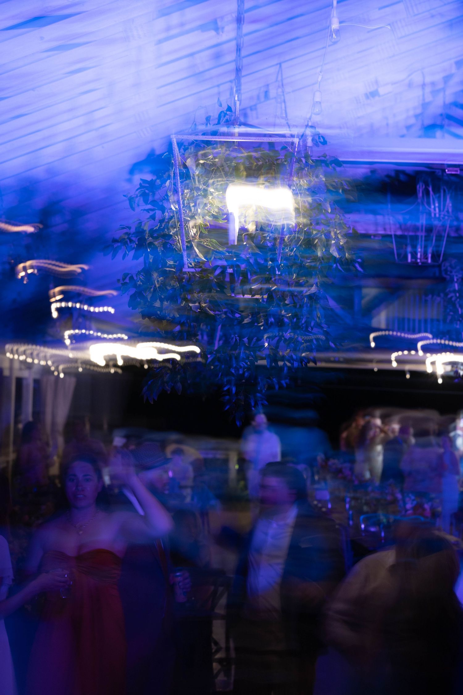 Motion blur photo of wedding guests dancing under blue lights and hanging botanical chandelier.