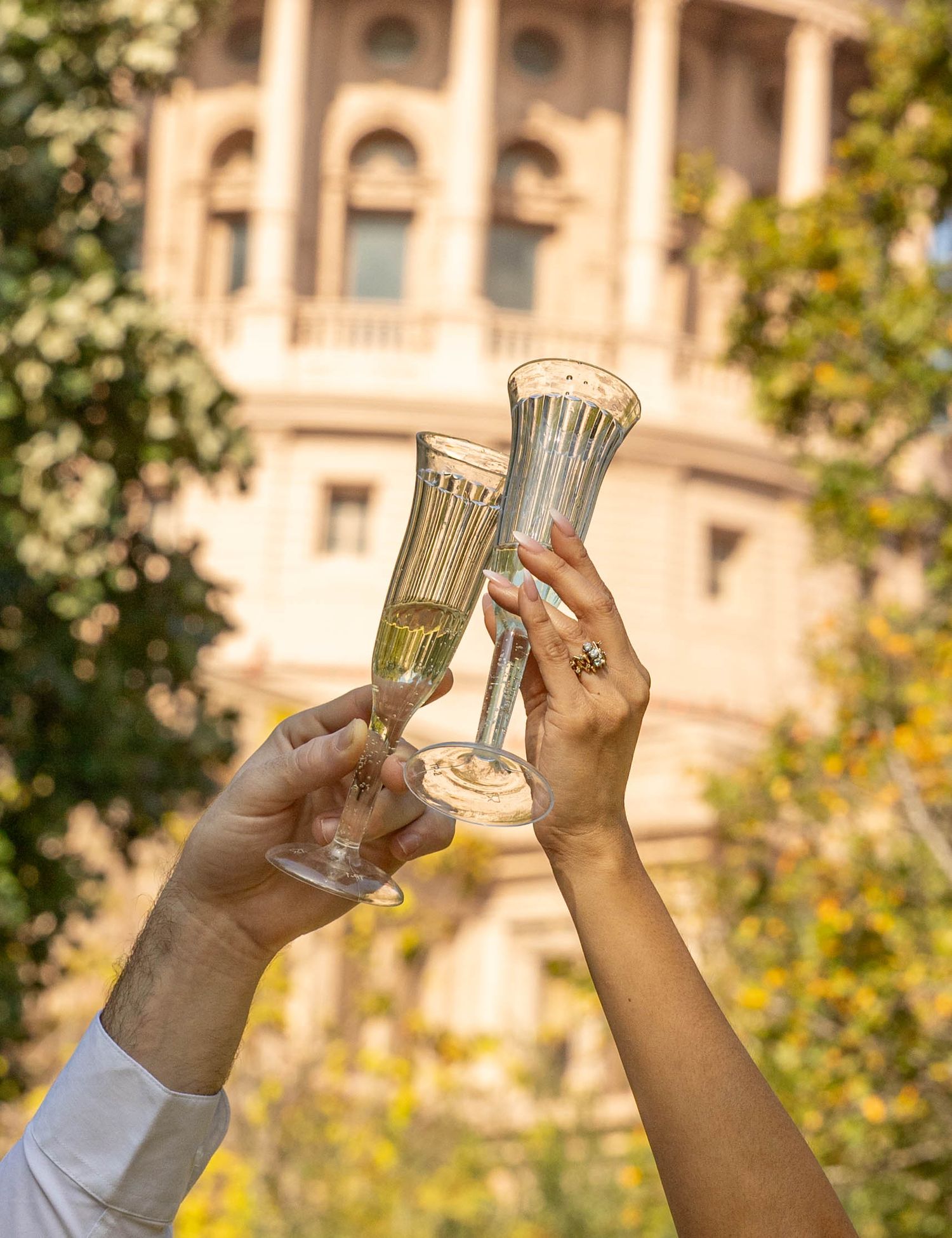 Couple toasting with champagne flutes in front of a grand historic building outdoors.