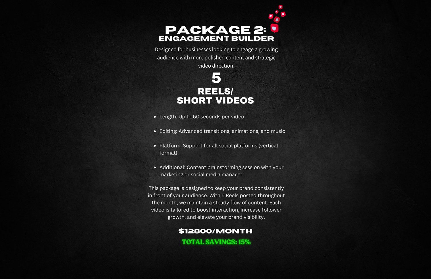 Black pricing package design for video content creation services with red star detailing and white text on dark background.