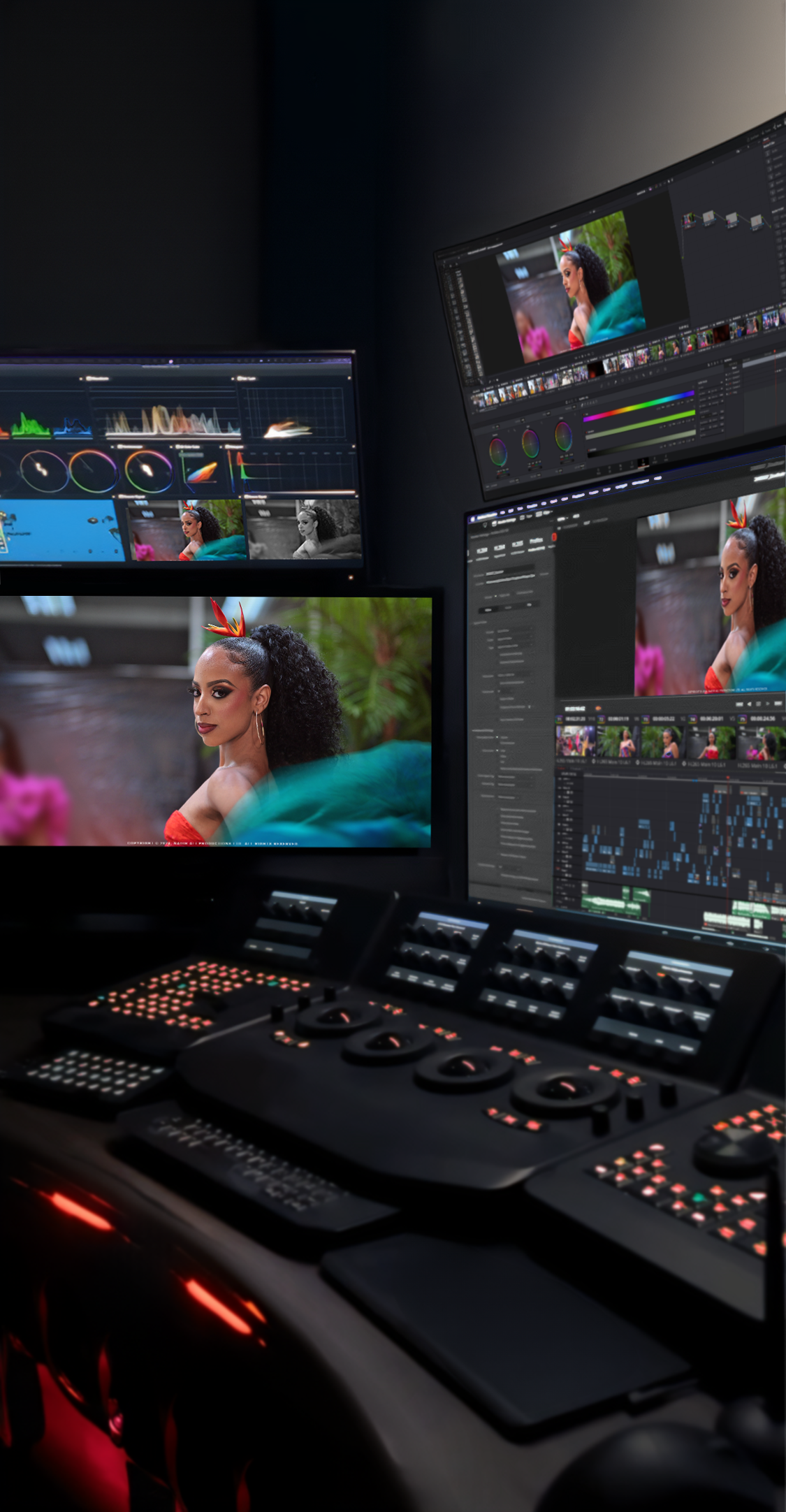Professional video editing setup with multiple monitors showing color correction software.