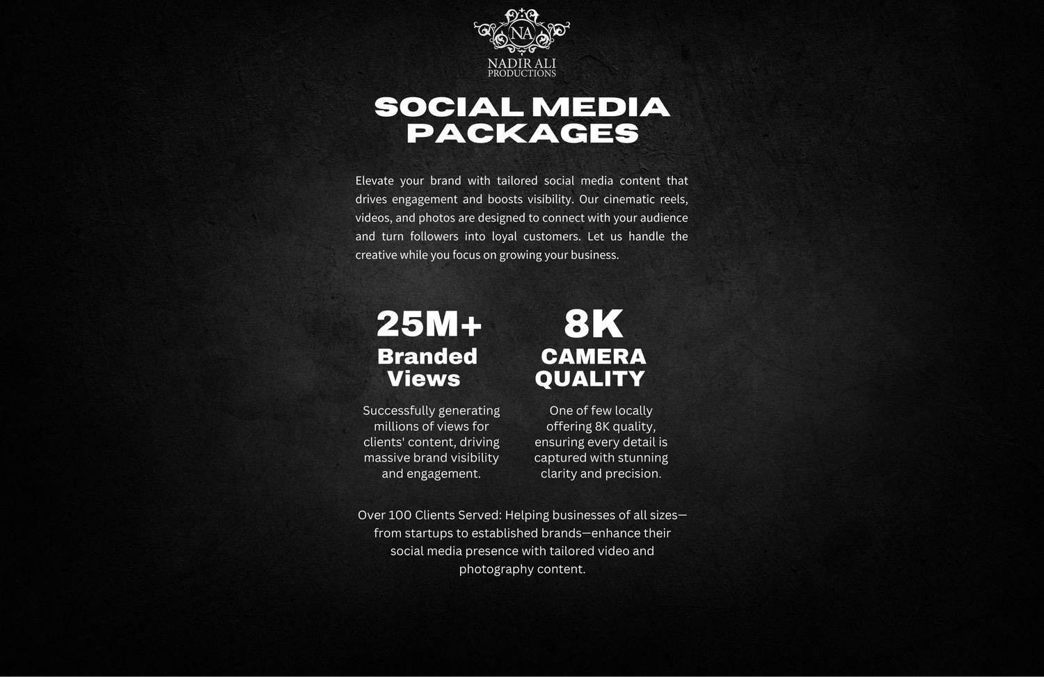 Dark social media package advertisement showing engagement metrics of 25M branded content views and 8K camera content views.