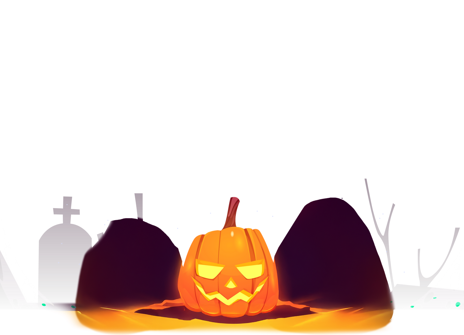 Single illuminated jack o'lantern surrounded by dark purple pumpkin silhouettes.