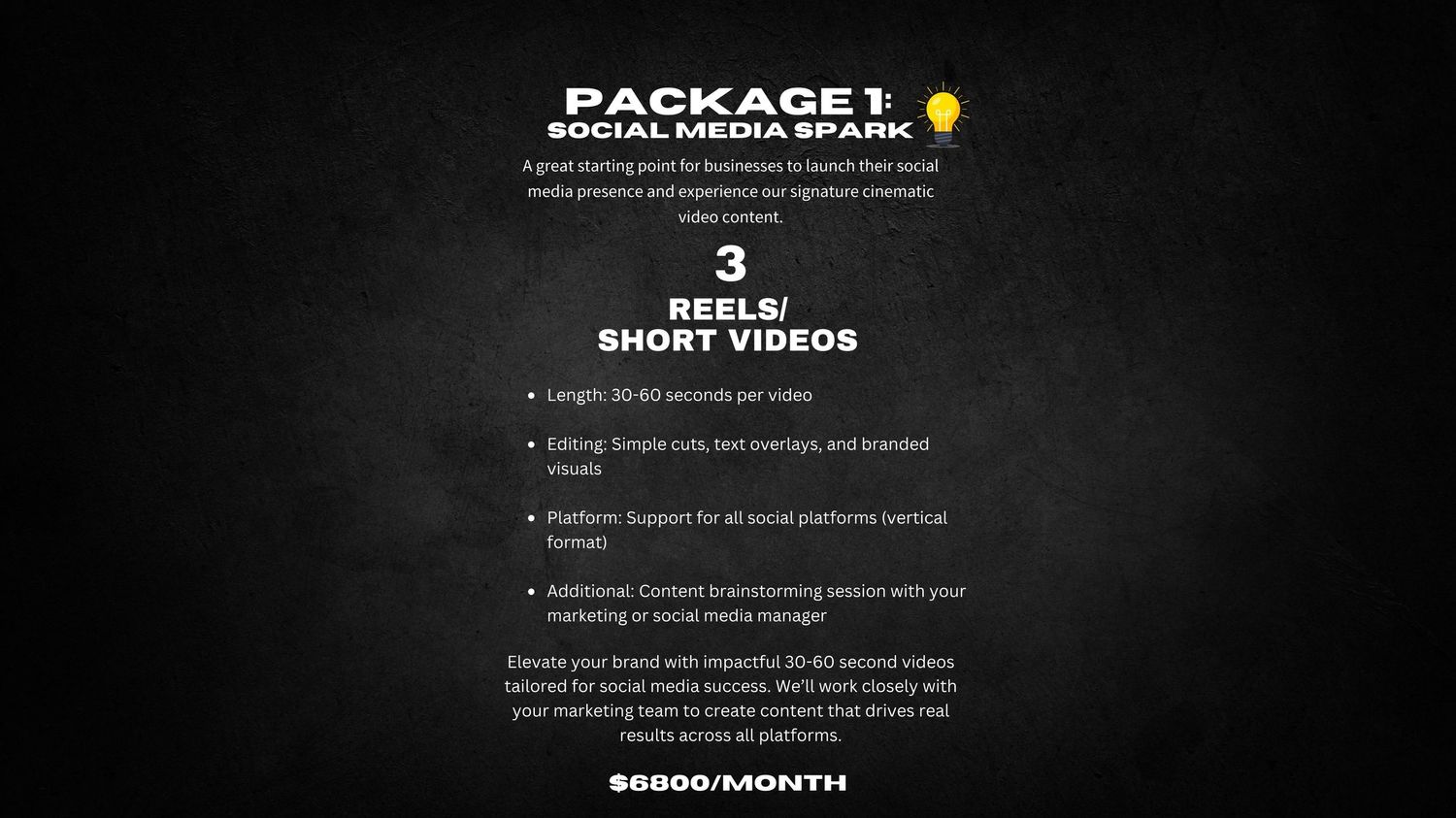 Dark graphic showing Package 1 pricing details and bullet points for real short videos against a black background.
