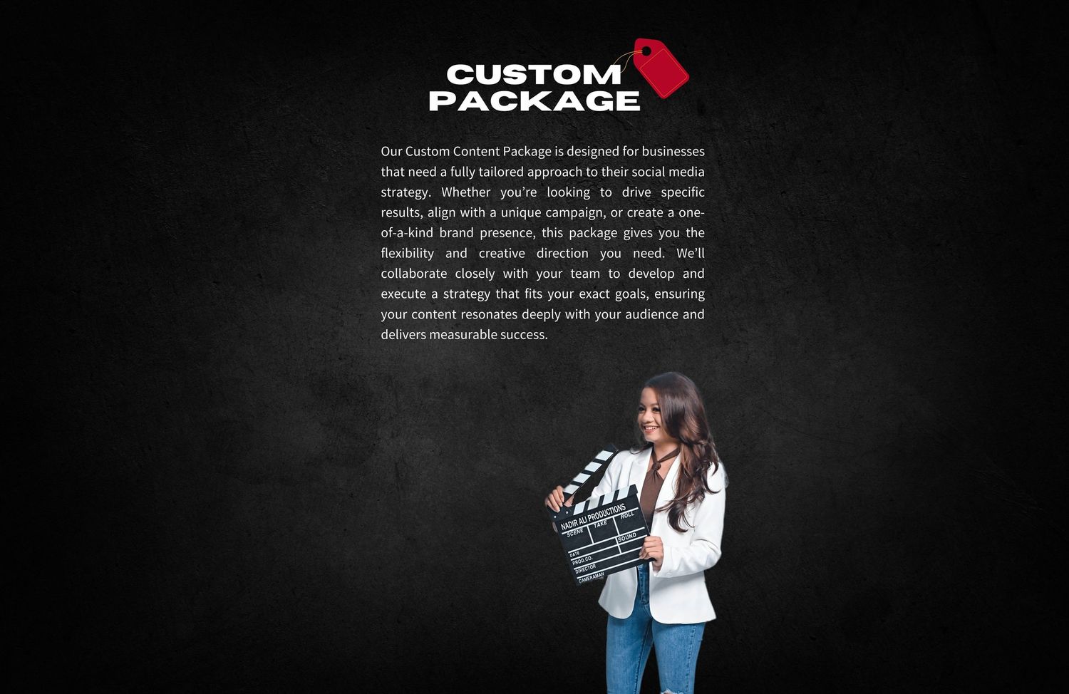 A person holding a clapper board stands against a dark background with a Custom Package logo above.
