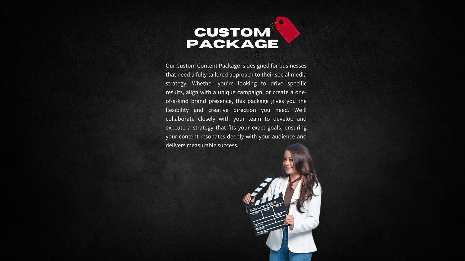 Stylish figure in white coat holds branded package against dark background with red Custom Package text and logo.