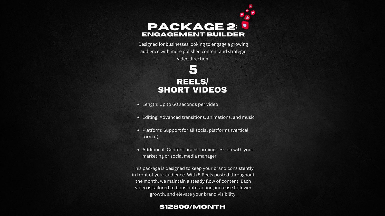 A dark pricing menu for video packages displaying different service tiers with white text and red star decorations.