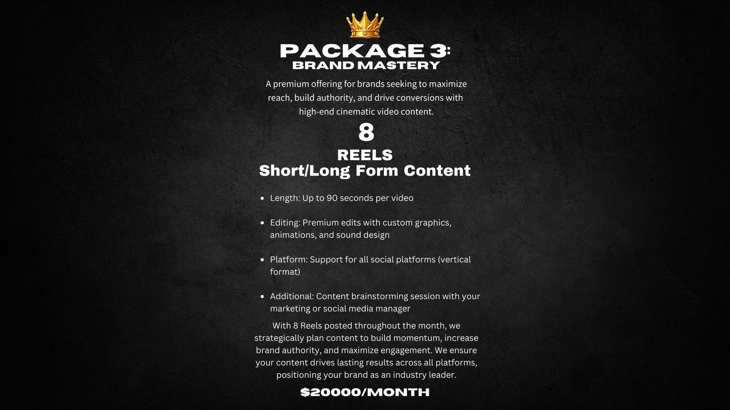 Black promotional image showing Package 3 content details for short video and photo services on dark background.