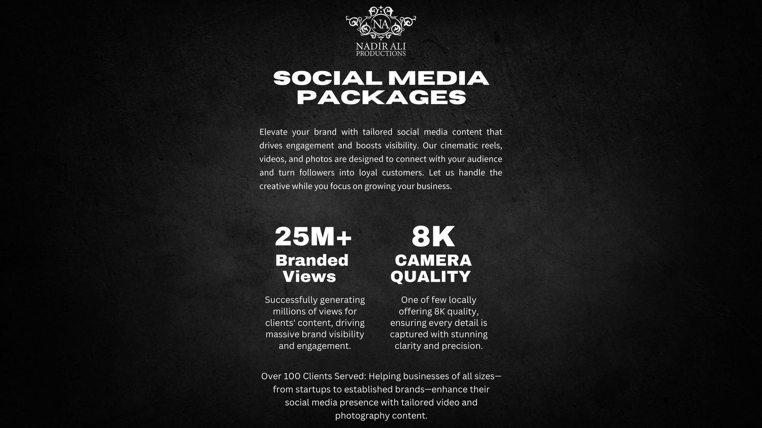 Dark social media marketing package advertisement showing statistics of 25M branded impressions and 8K omega camera users.