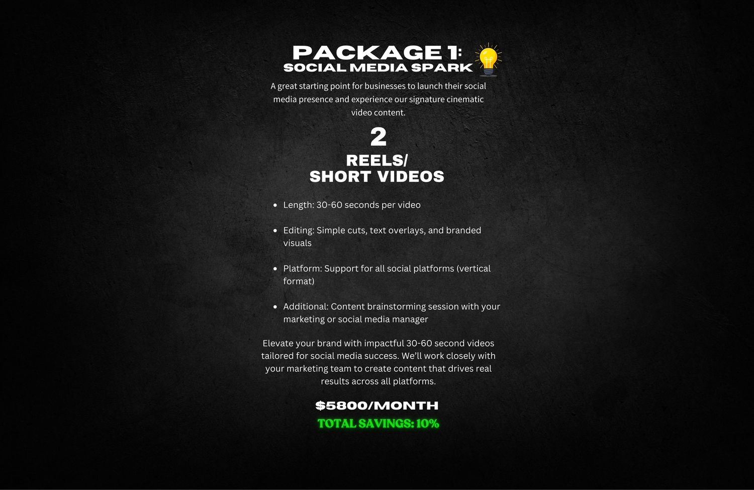 Dark pricing package menu display showing video services and features against a black background.