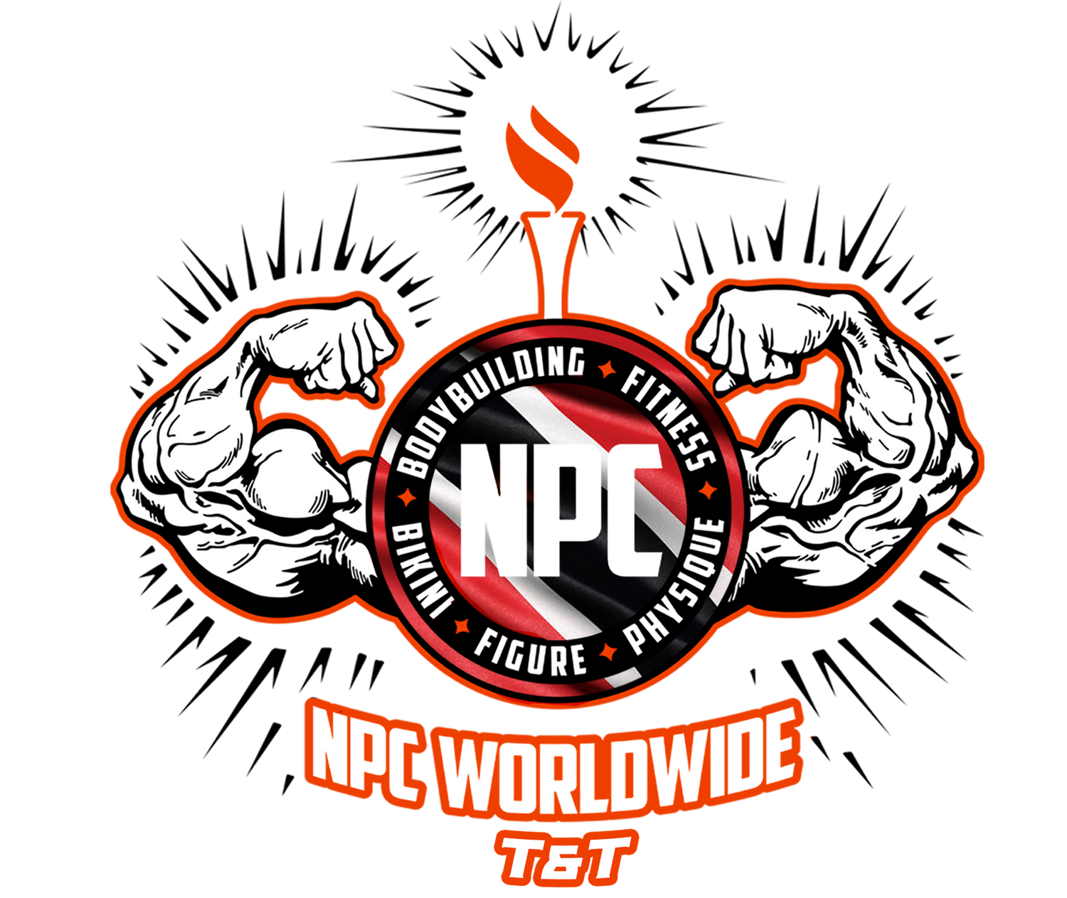 Red and white NPC Worldwide bodybuilding logo with muscular arm graphics on black background.