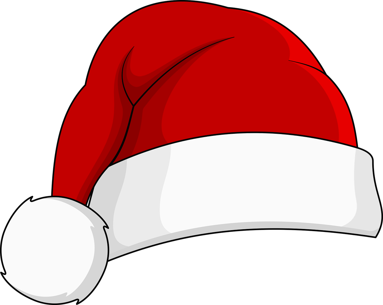 Cartoon illustration of a traditional red and white Santa Claus hat with fluffy pompom.