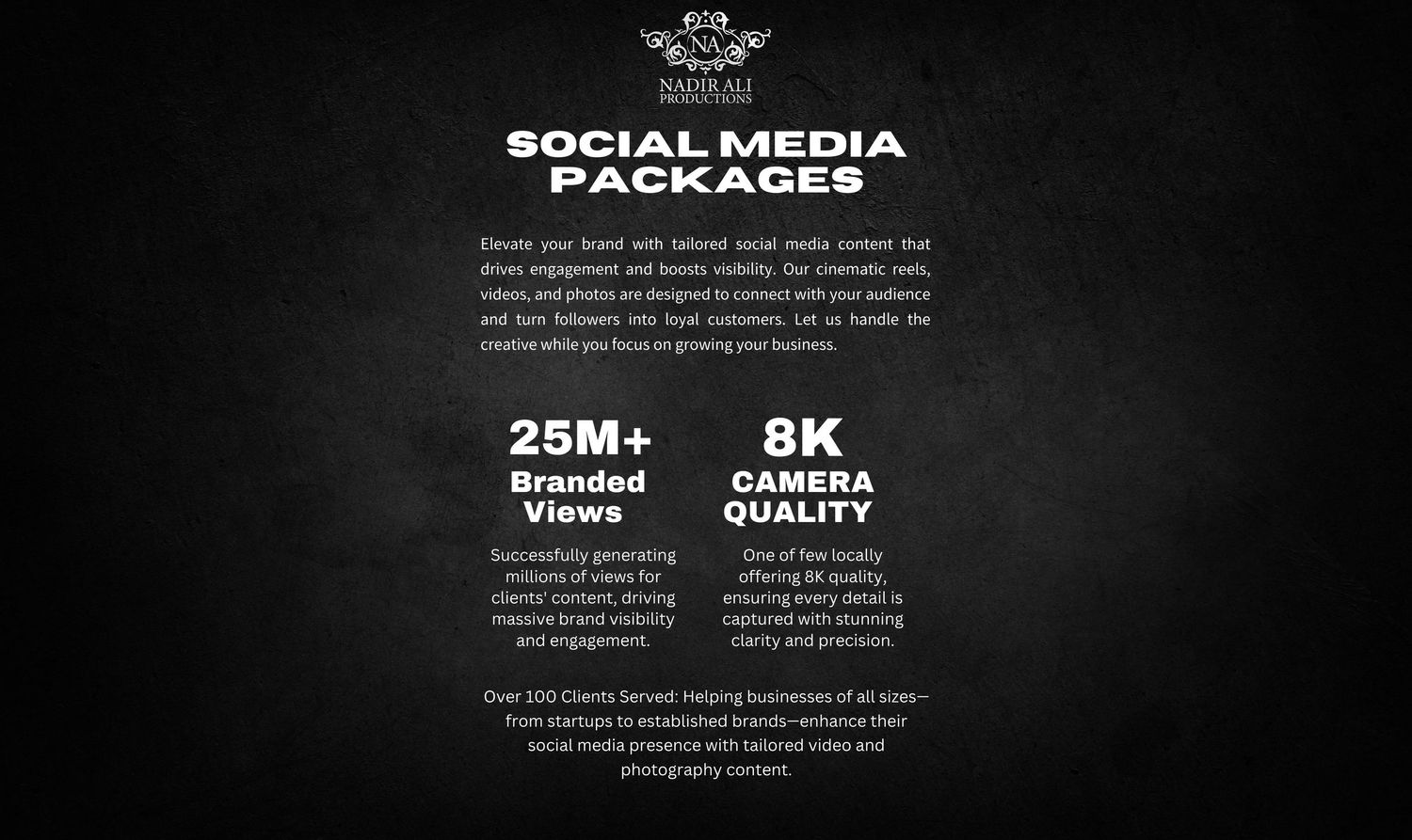 Dark background social media package offering showing statistics with 25M branded impressions and 8K camera impressions.