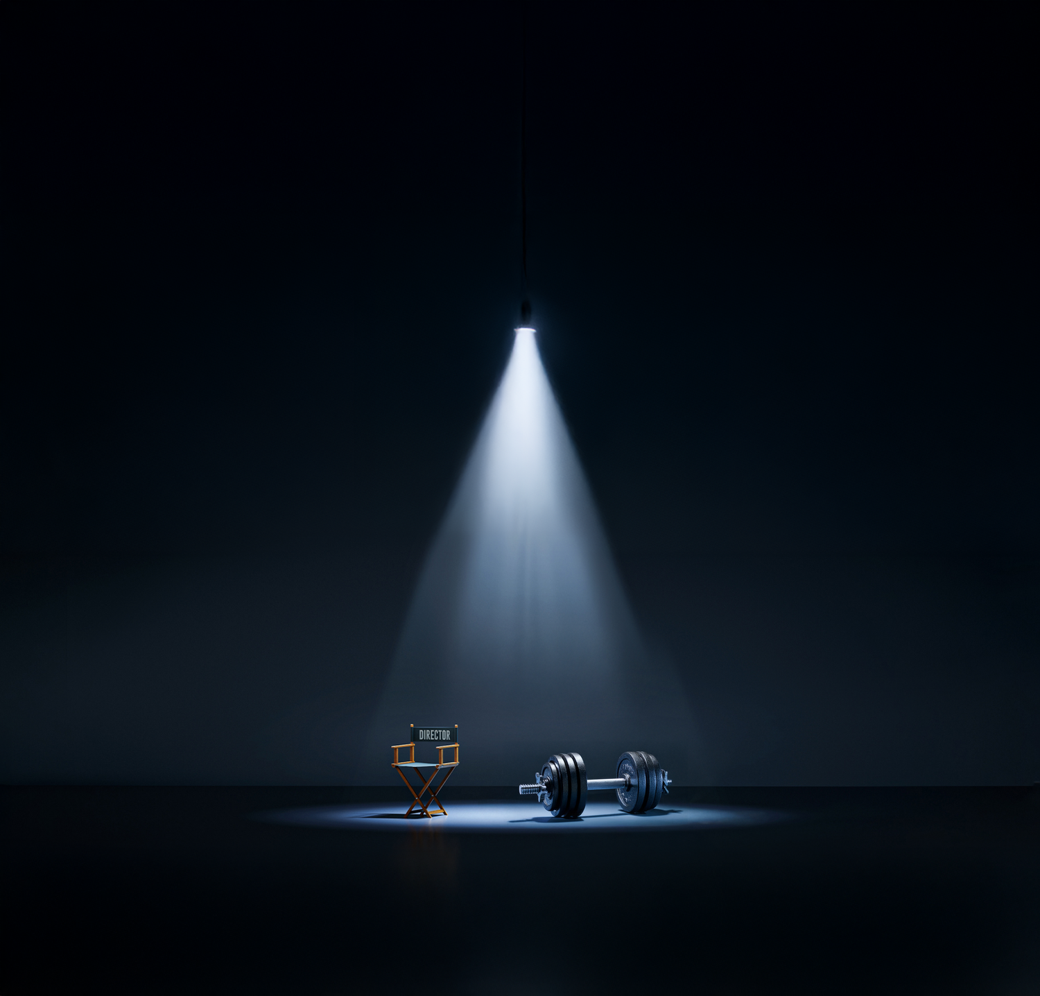 Minimalist scene with bright spotlight casting light on chairs in darkness.