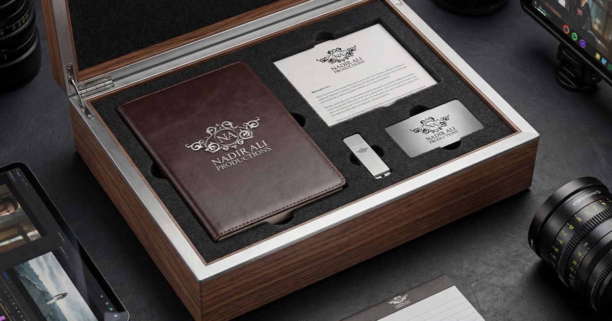 Professional photography equipment including a wooden box, camera lens, and printed materials arranged on a dark surface.