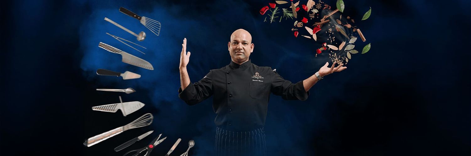 A man in black stands against a dark background with hovering knives and a drone in cinematic lighting.