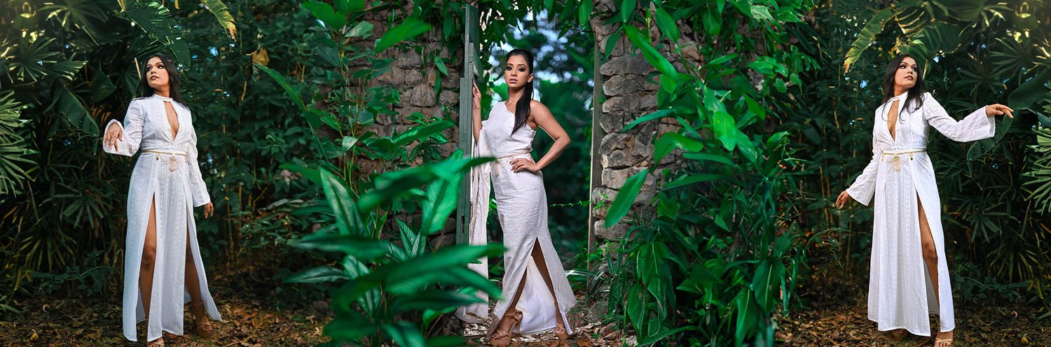 A triptych of someone posing in a flowing white dress against lush tropical greenery in an outdoor setting.