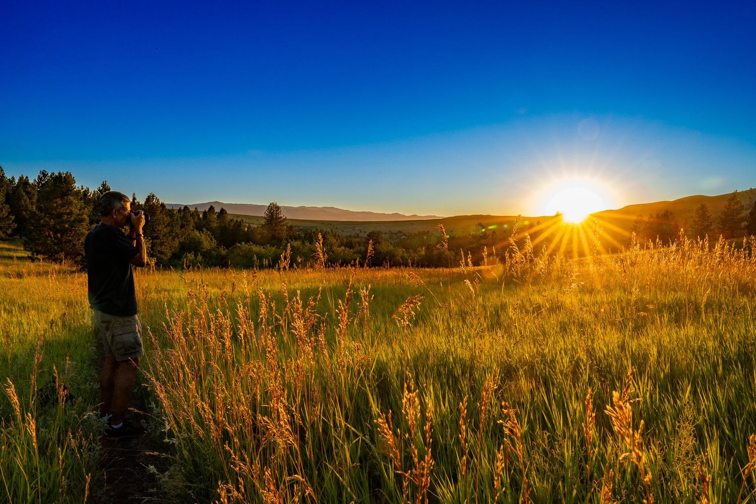Photographer Mark Swanson photographs in a grassy field at sunset.