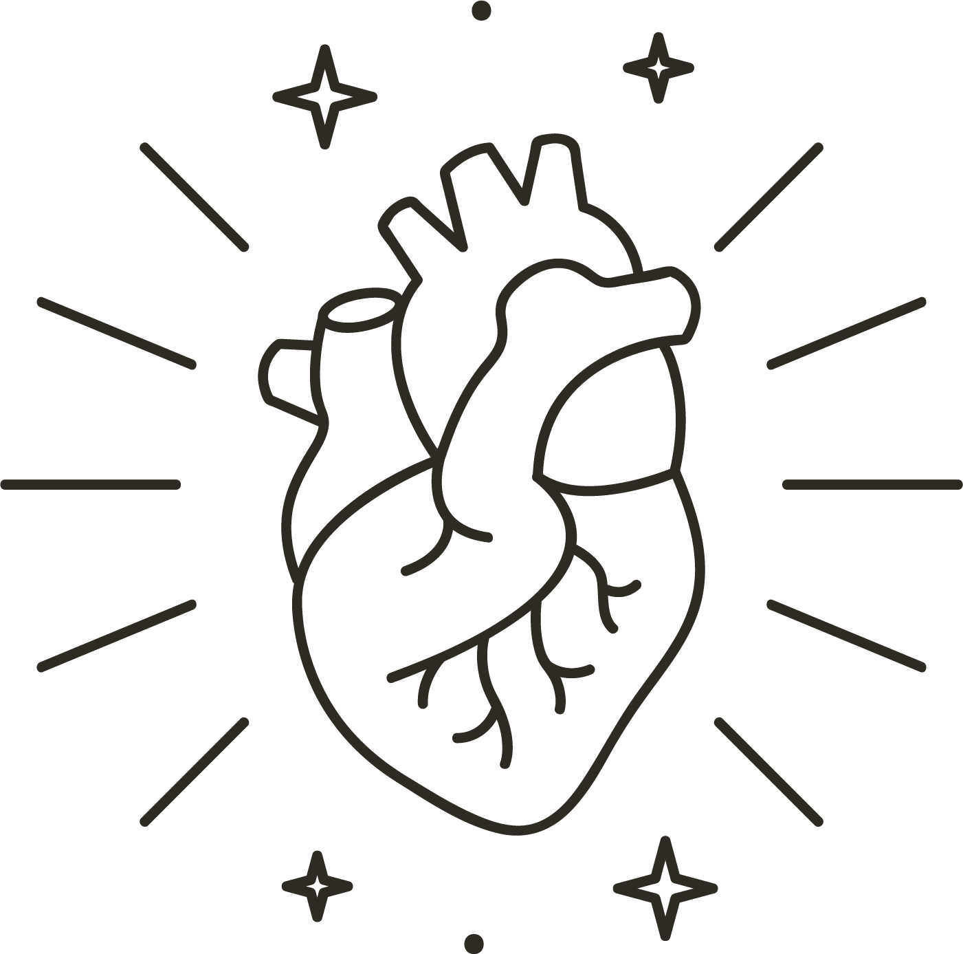 Anatomical heart illustration with radiant lines and sparkle stars in minimalist black and white line art style.