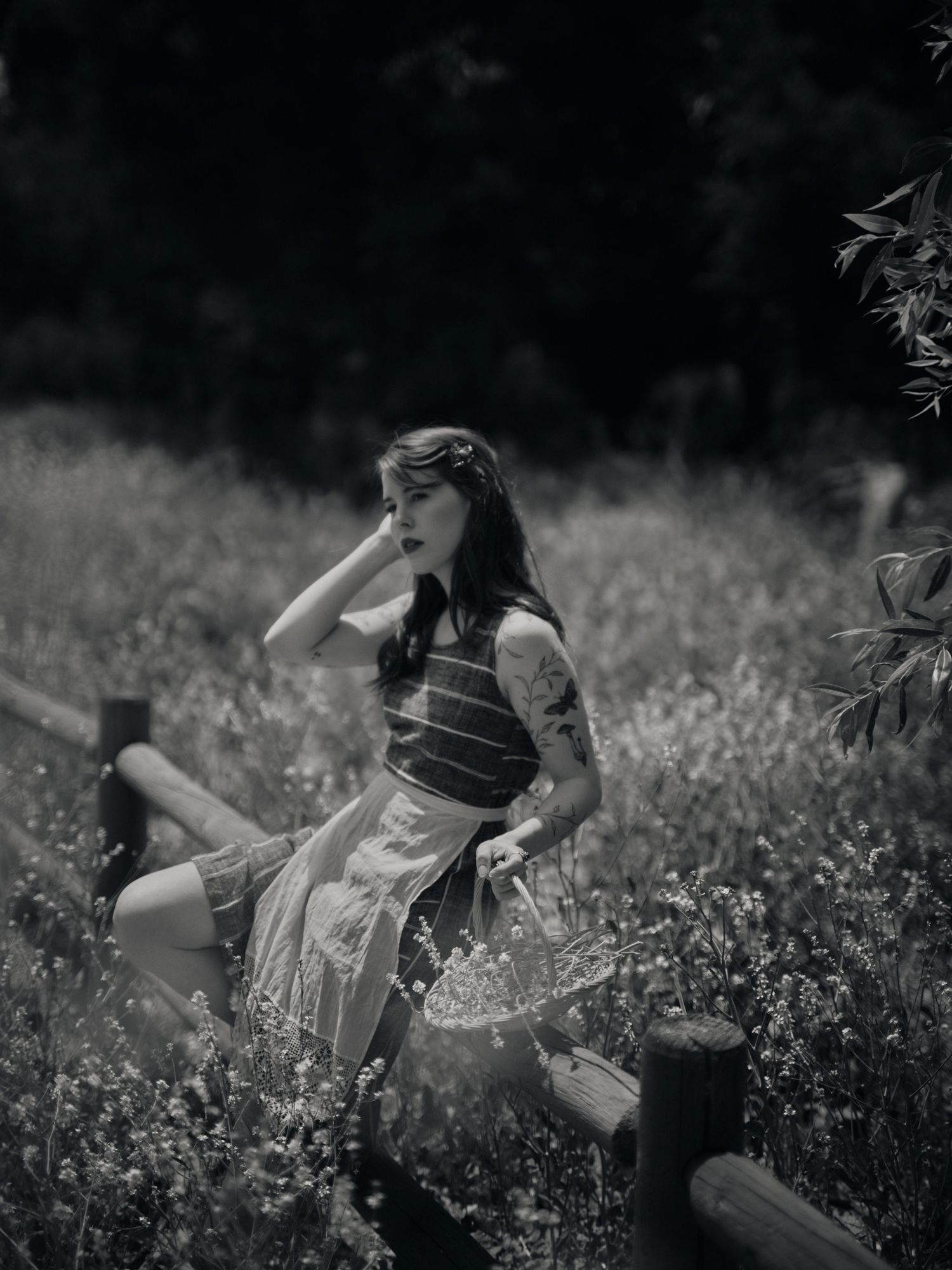 A person in vintage dress sits among wildflowers in a black and white countryside scene.