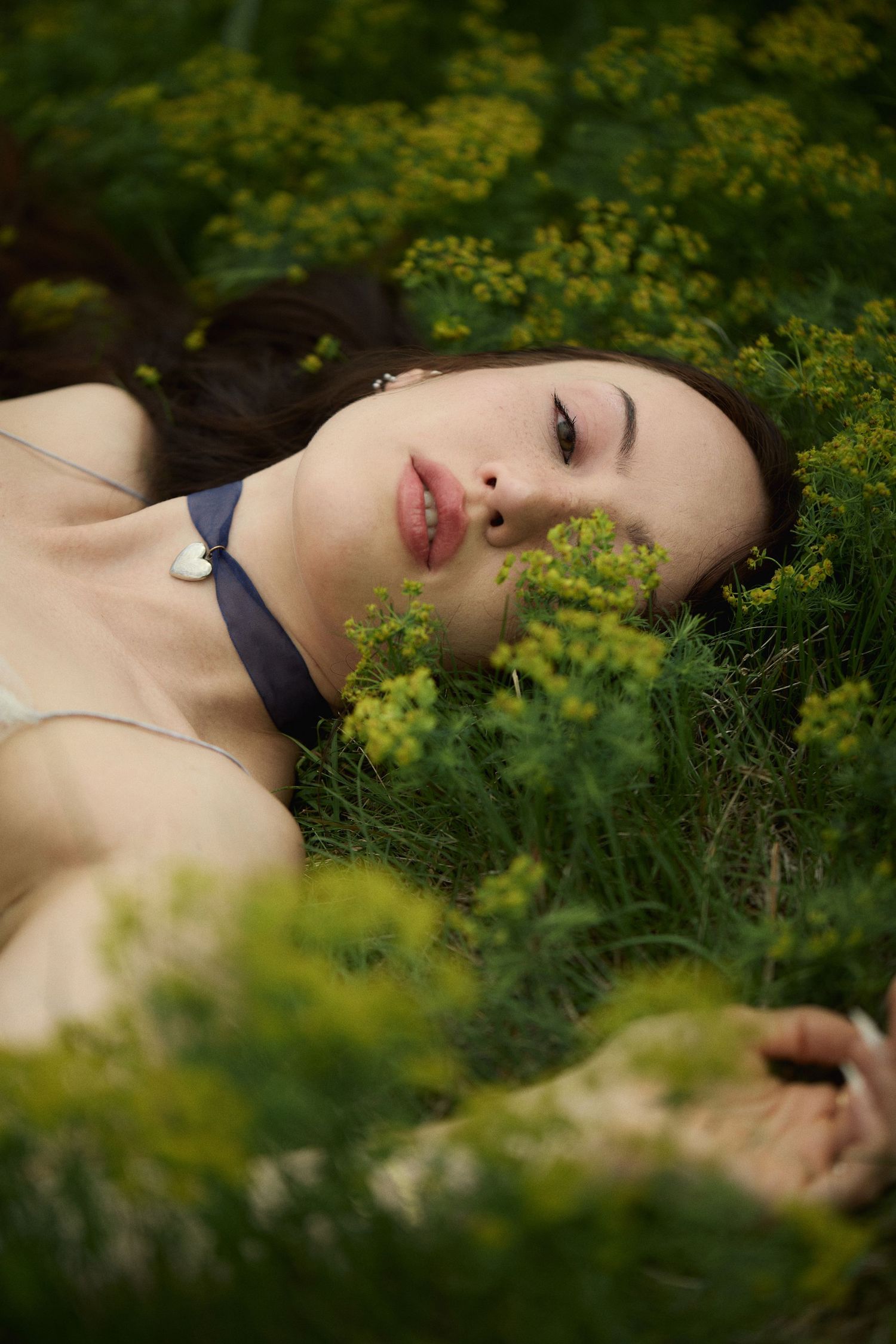 Person lying down in a field of delicate yellow wildflowers on a warm summer day.