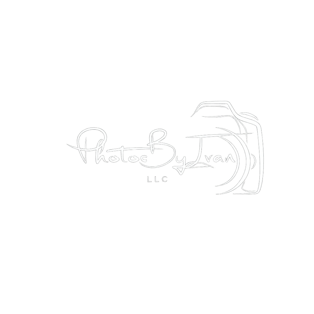 White outline logo of Photos By Ivan LLC with a camera illustration on a white background.