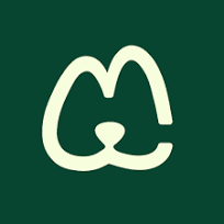 Minimalist green background logo featuring a cute cat face design in cream color for a pet brand.