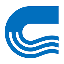Blue wave logo with a bold C shape, representing fluid motion and water flow for a modern brand identity.