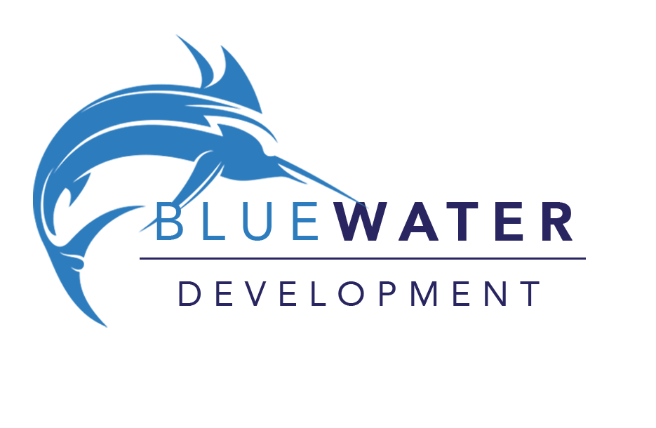 Bluewater Development company logo featuring a blue marlin fish graphic with bold blue and purple text.