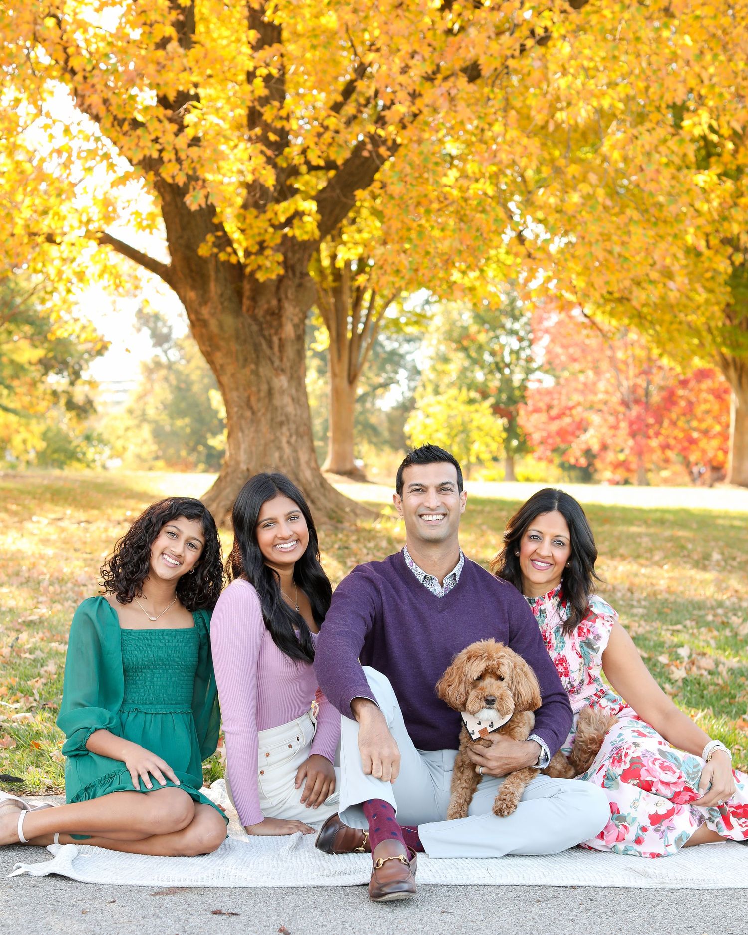 Family relaxing together on blanket during autumn photo session with golden leaves in background.